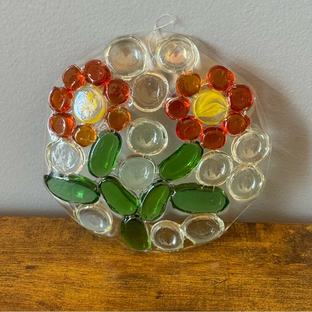 Vintage Glass Gem Flower Suncatcher Wall Hanging Handmade Retro Boho Mosaic Art